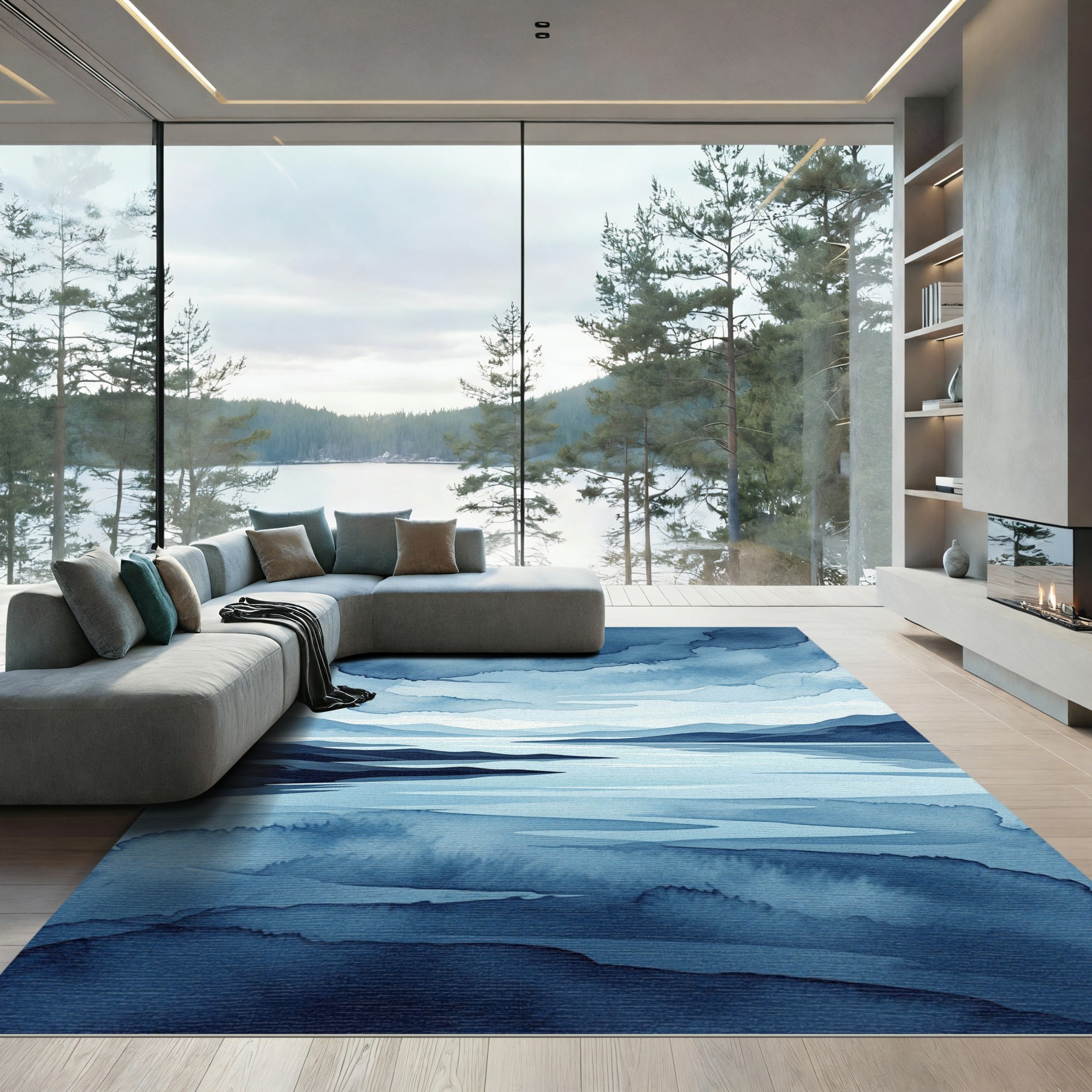 Azure Mountain Lake Watercolor Landscape Rug