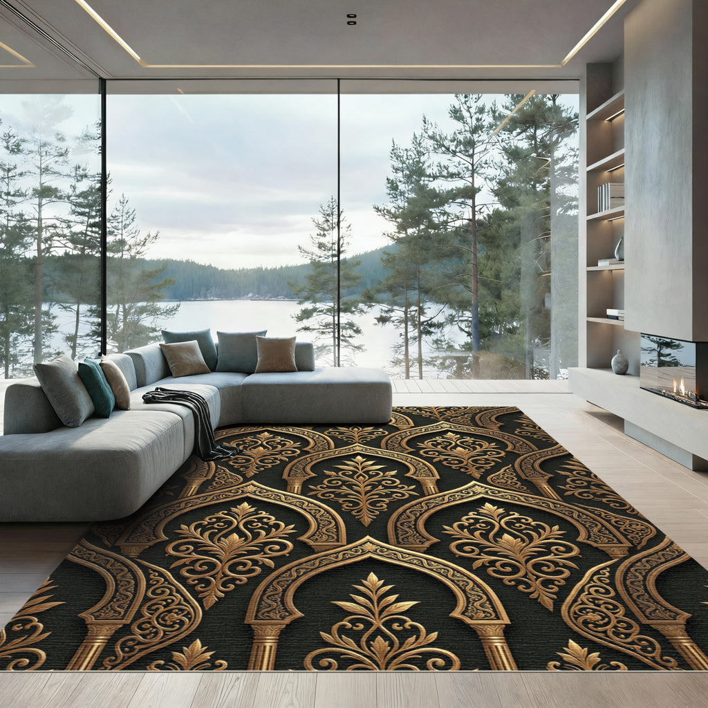 Ornate Gold Arch Damask Black Rug