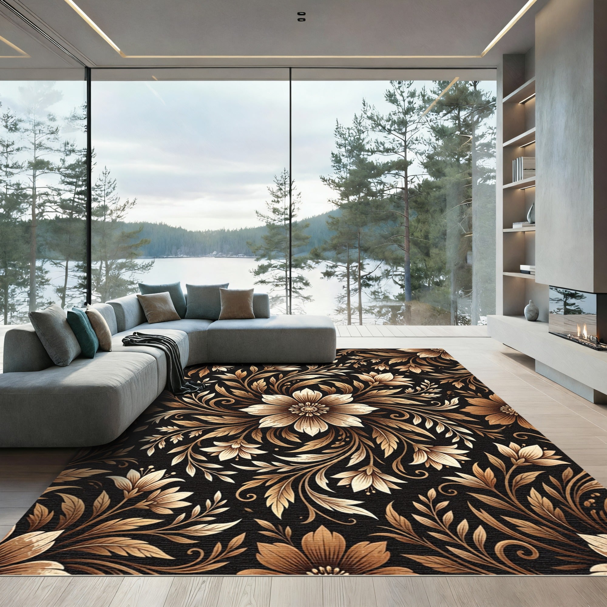 Elegant Gold Floral Botanical Medallion Rug