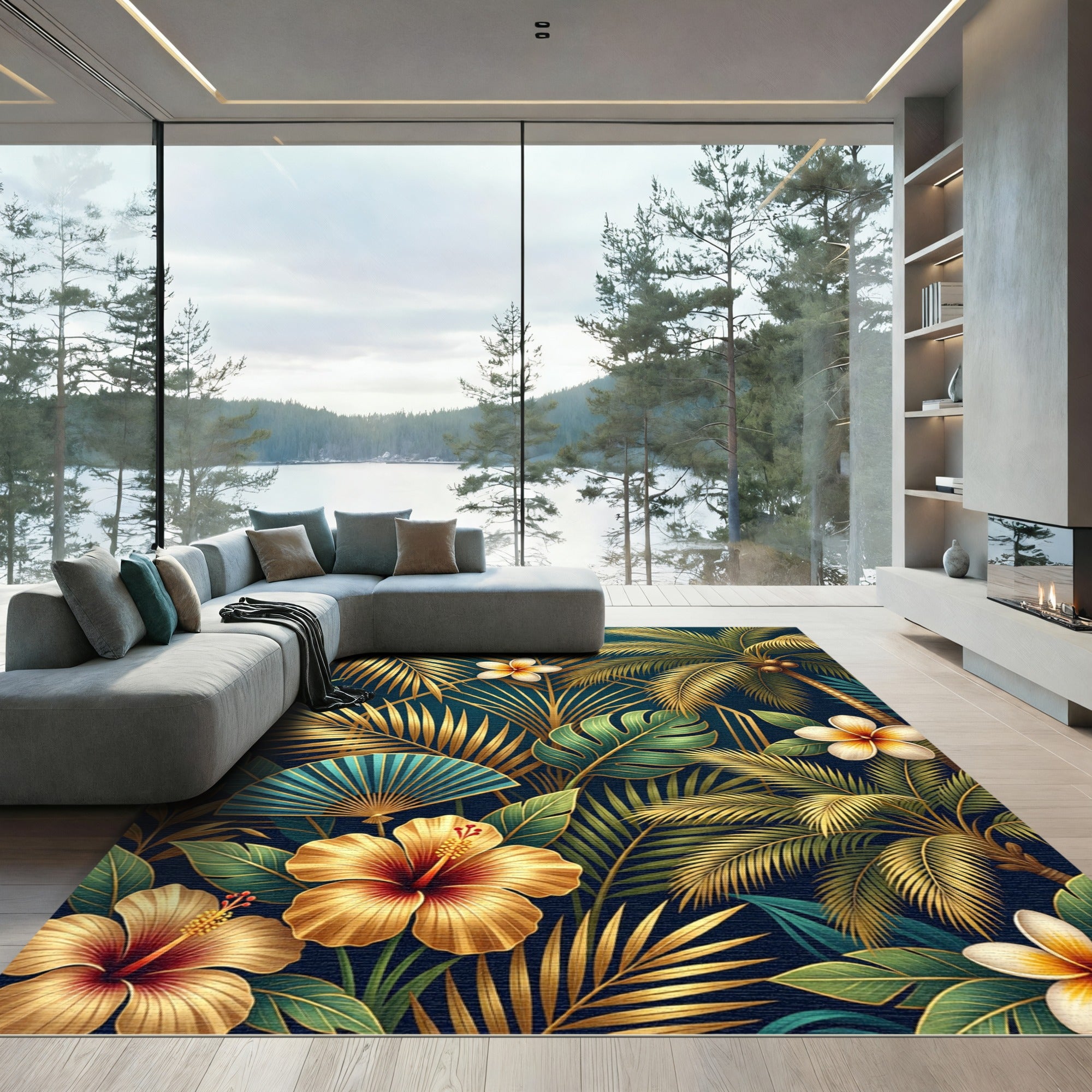 Golden Tropical Palm and Hibiscus Floral Rug
