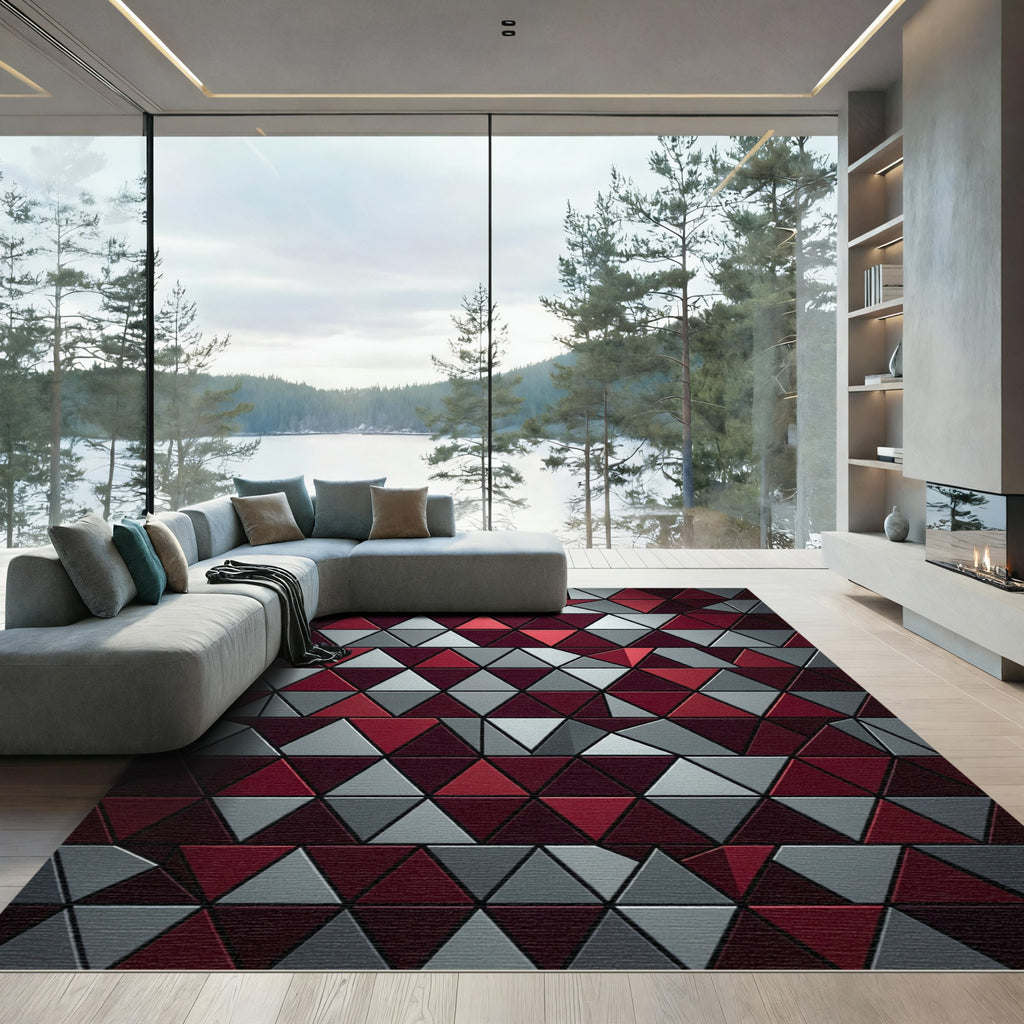 Deep Red Gray Geometric Triangles Rug