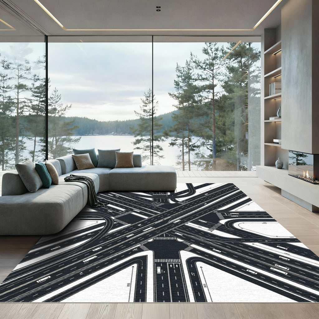 Modern Monochrome Highway Intersection Abstract Rug