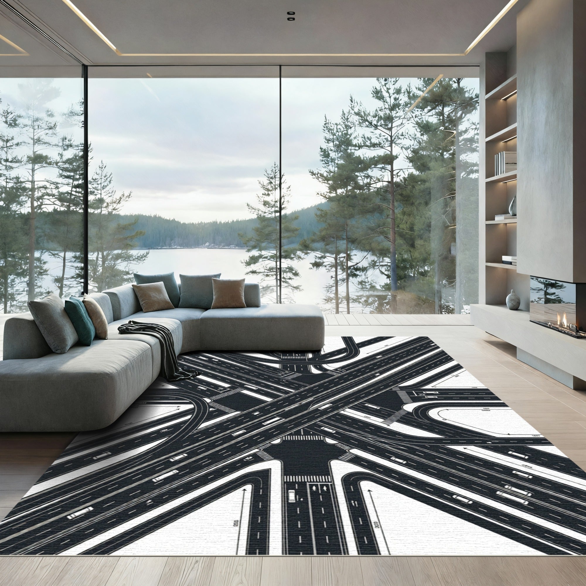 Modern Monochrome Highway Intersection Abstract Rug