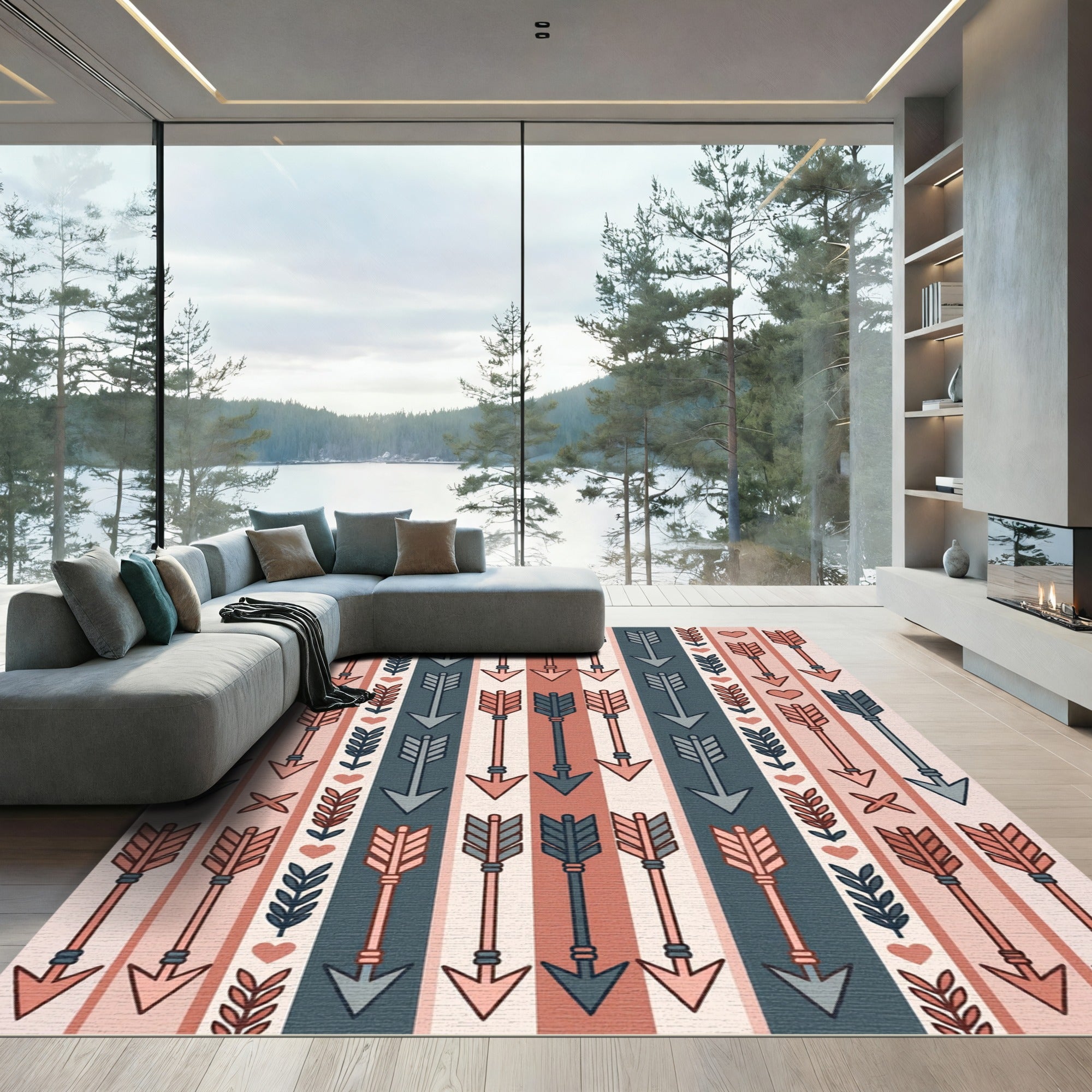 Neutral Tribal Arrows Heart Stripes Rug