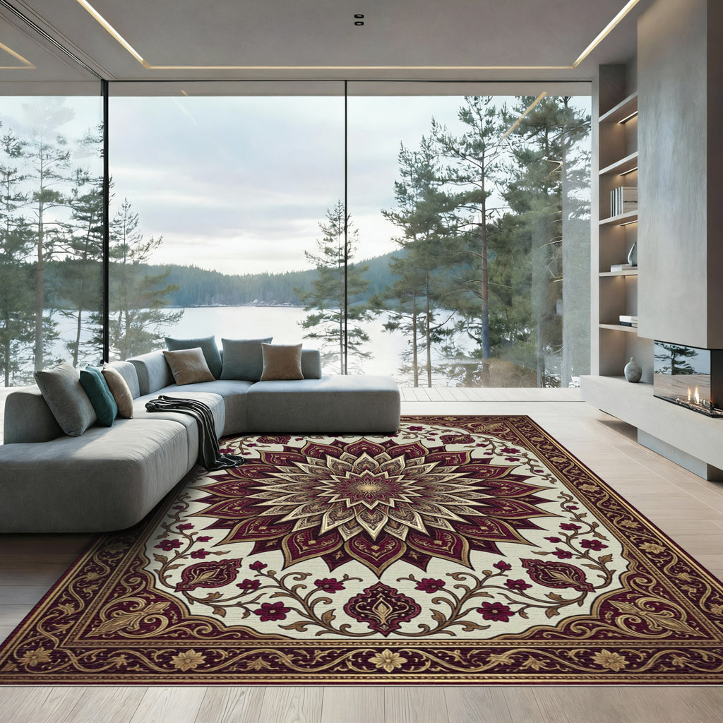 Elegant Crimson Gold Floral Medallion Rug