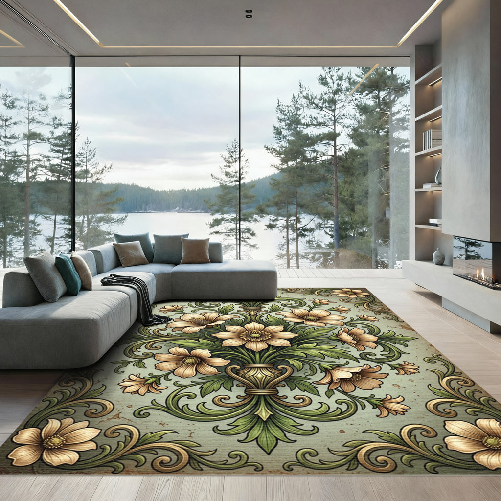 Elegant Sage Floral Scroll Damask Rug
