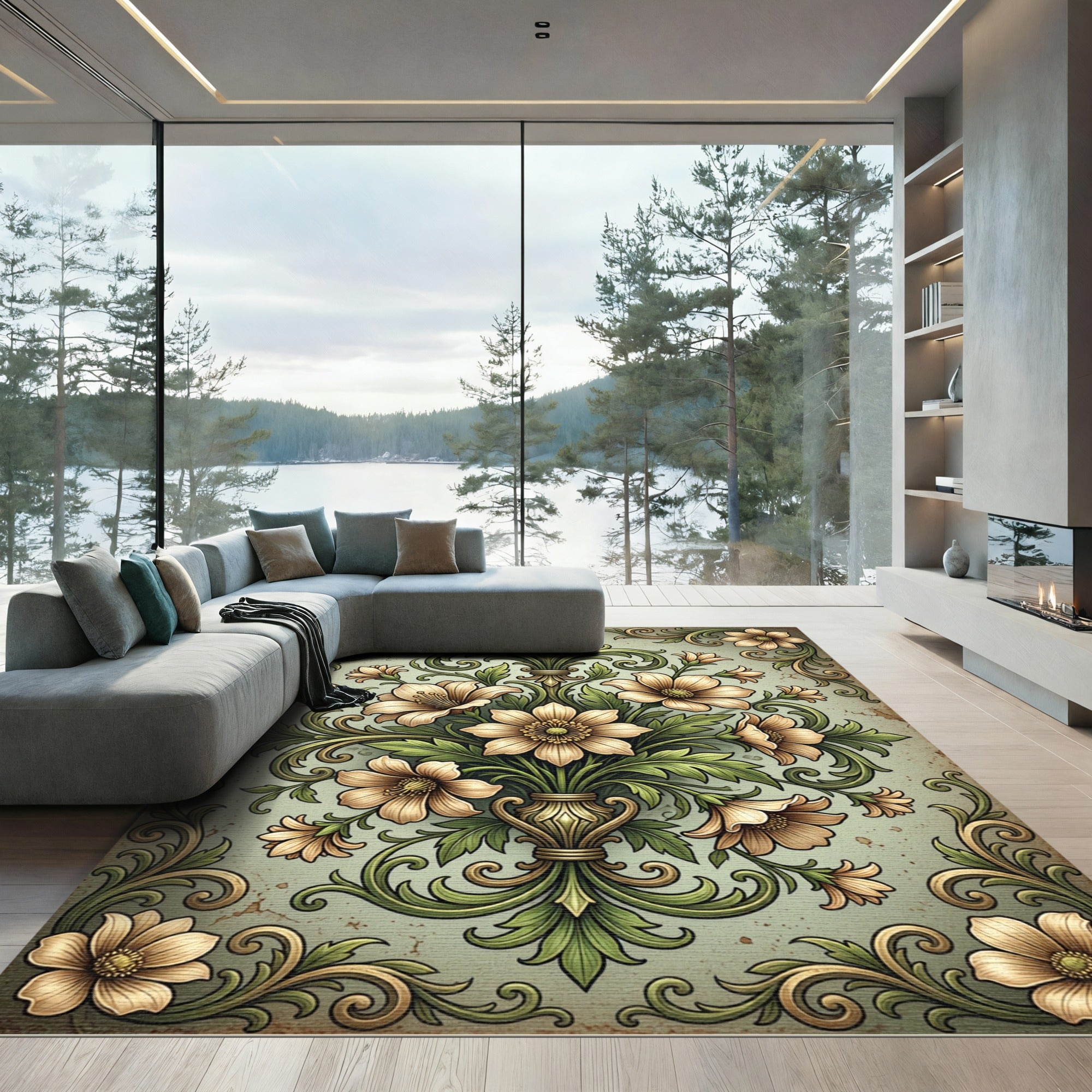 Elegant Sage Floral Scroll Damask Rug
