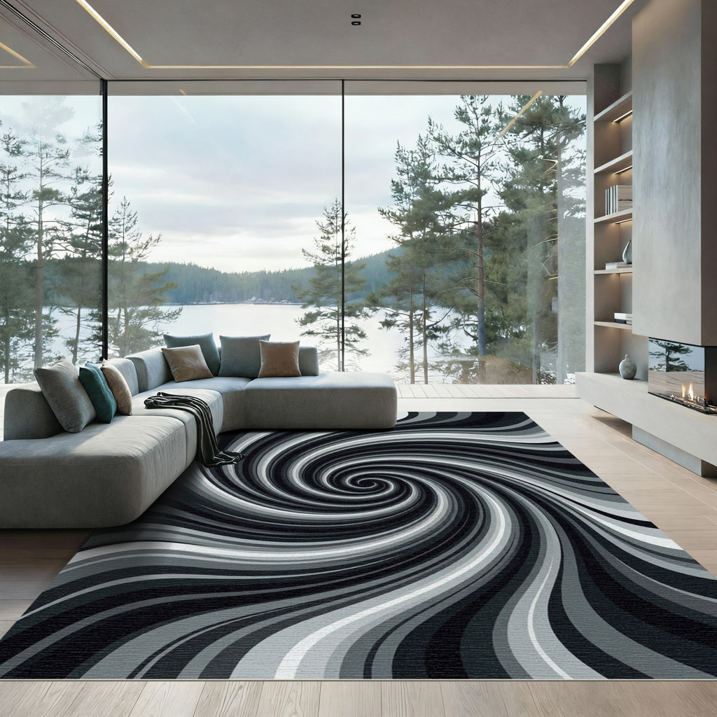 Monochromatic Abstract Optical Swirl Illusion Rug