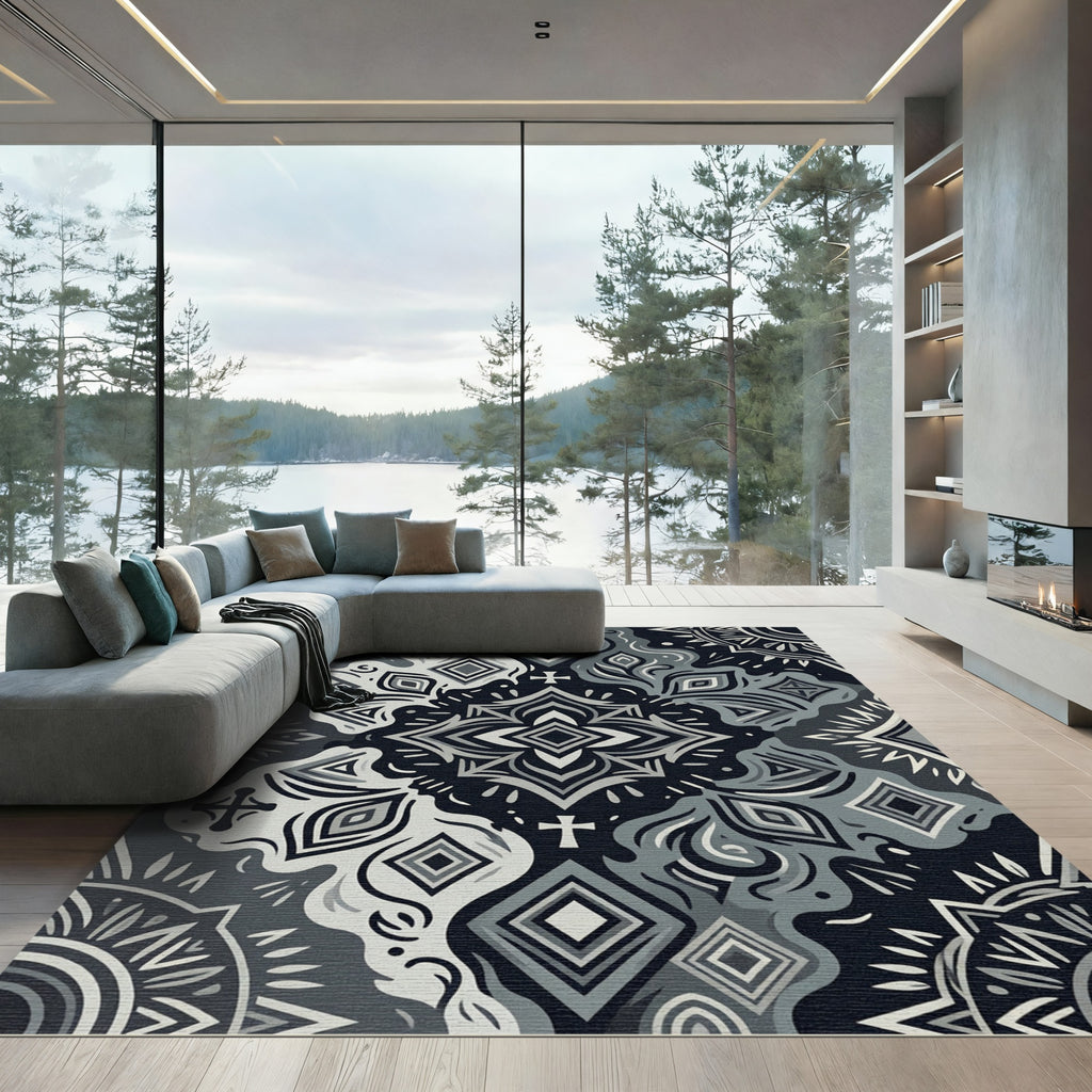 Monochromatic Tribal Geometric Mandala Rug