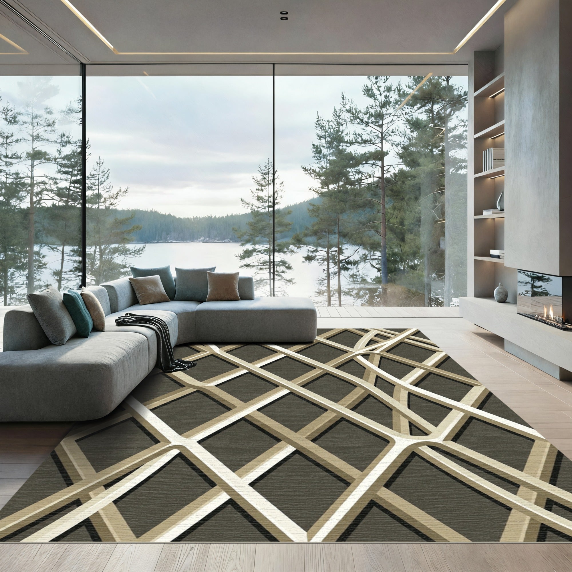 Modern Neutral Interwoven Lattice Grid Rug