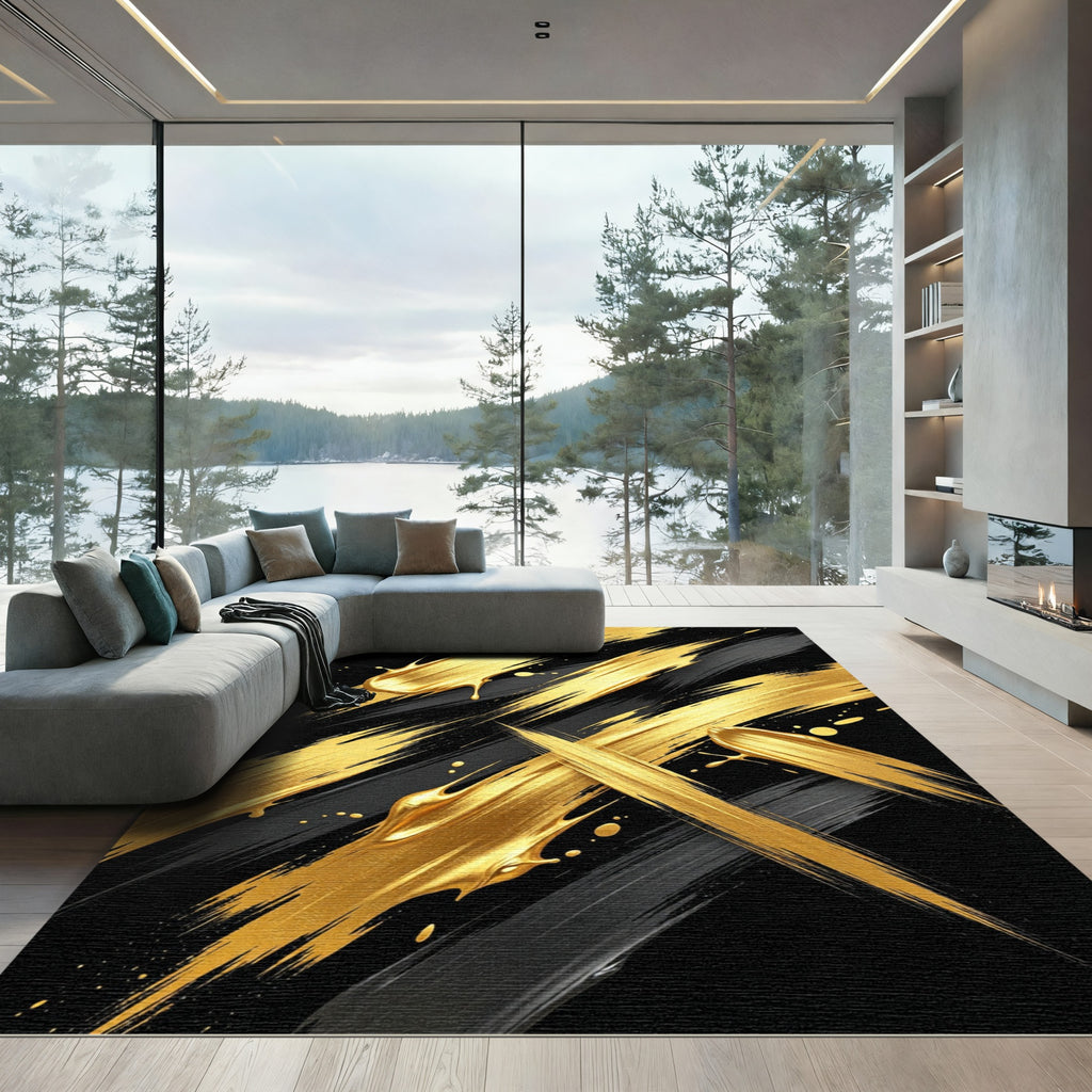 Black and Gold Metallic Abstract Stroke Rug