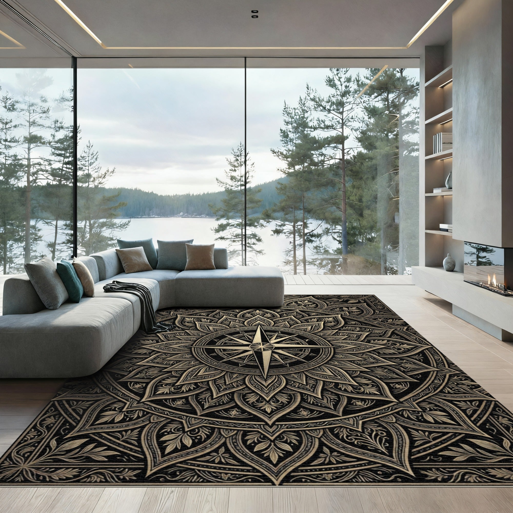 Gilded Compass Mandala Gold Black Art Rug