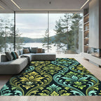 Ornate Teal Yellow Scrolling Flourish Rug