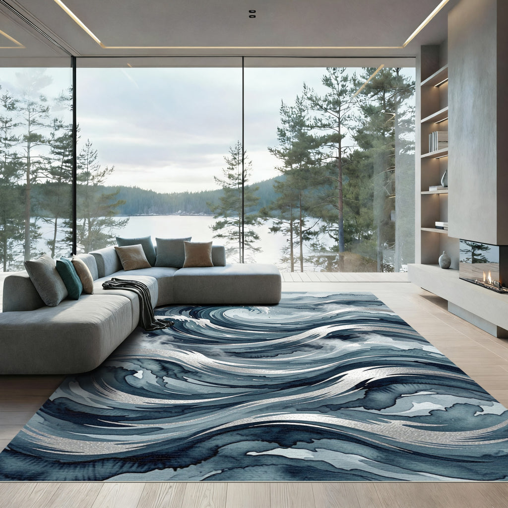 Deep Blue Watercolor Ocean Wave Rug