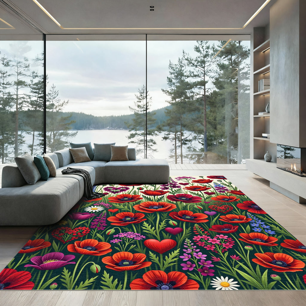 Vibrant Red Poppy Heart Garden Rug