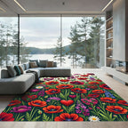 Vibrant Red Poppy Heart Garden Rug