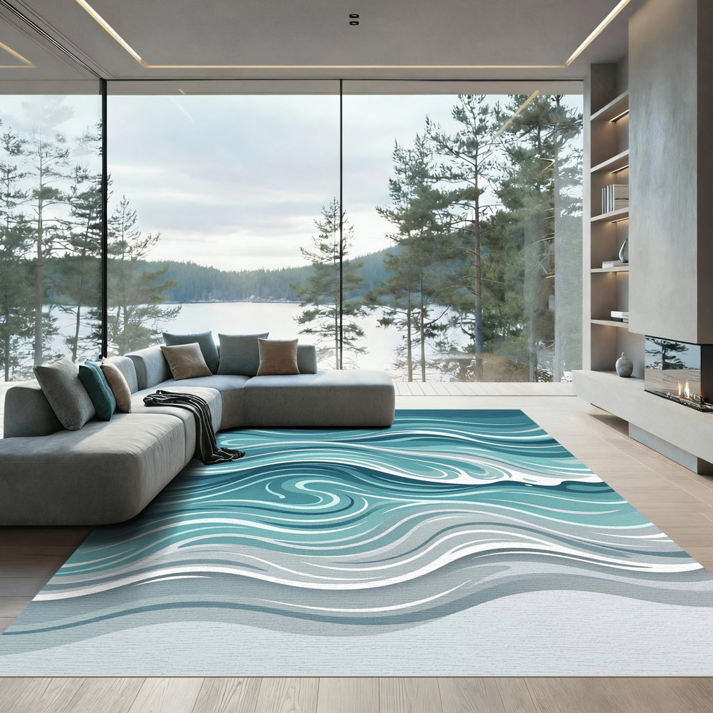 Abstract Teal Blue Ocean Wave Area Rug