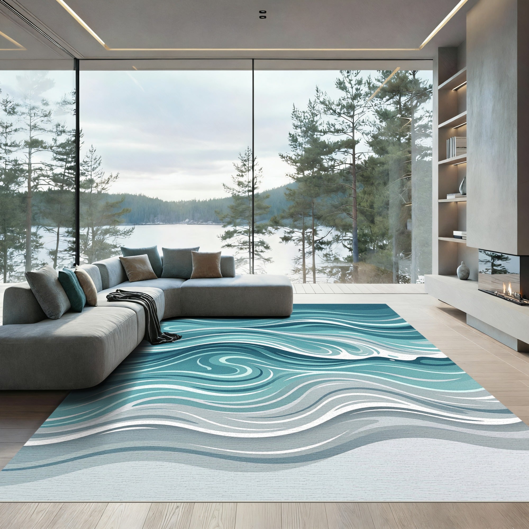 Abstract Teal Blue Ocean Wave Area Rug