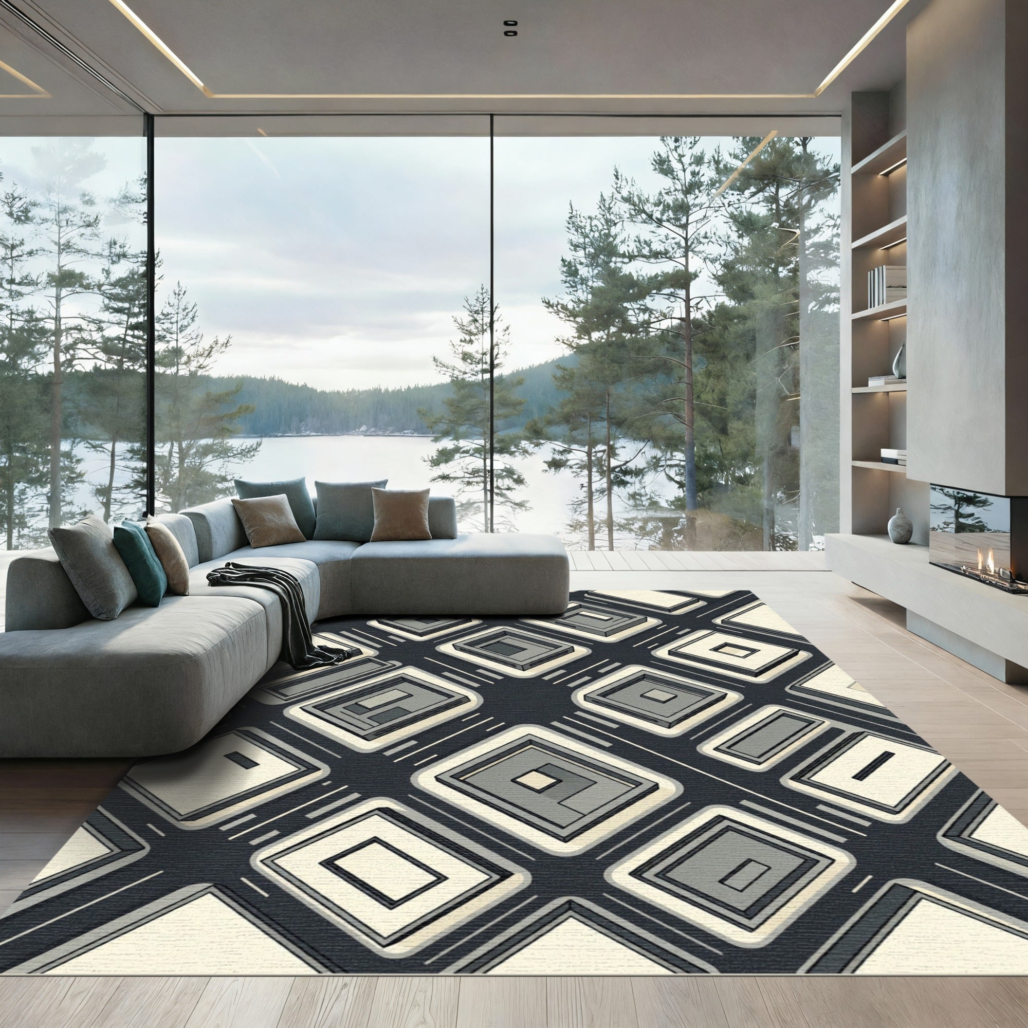 Monochrome Geometric Isometric Urban Grid Rug