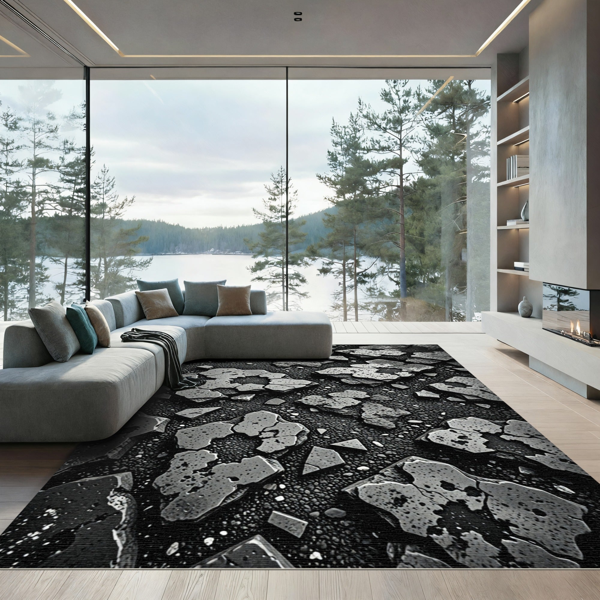 Charcoal Gray Cracked Stone Aggregate Rug