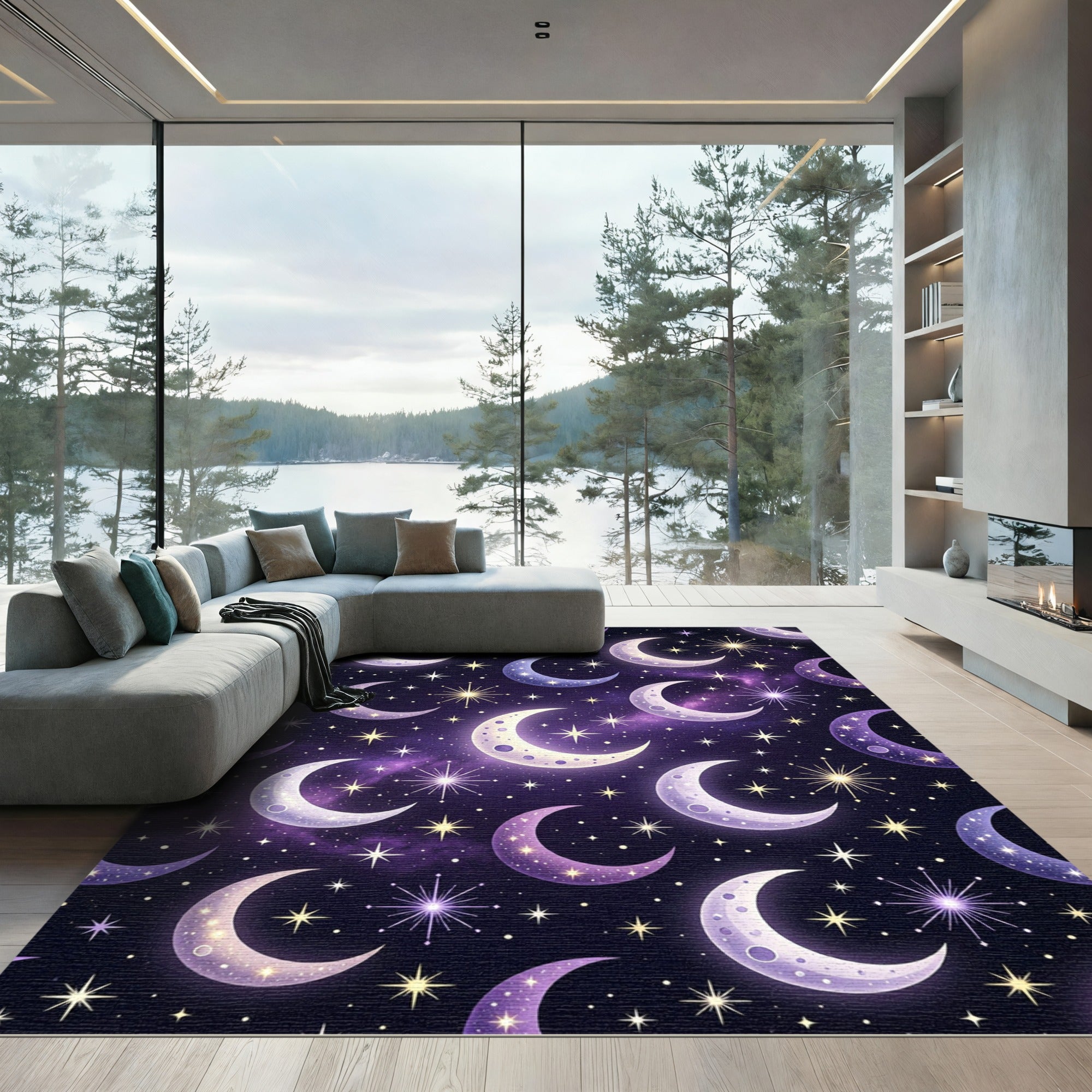 Celestial Purple Night Moon Star Sky Rug