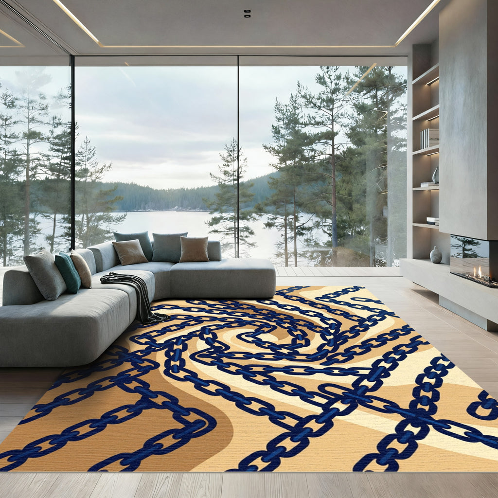 Navy Blue Linked Chain Spiral Whirl Rug