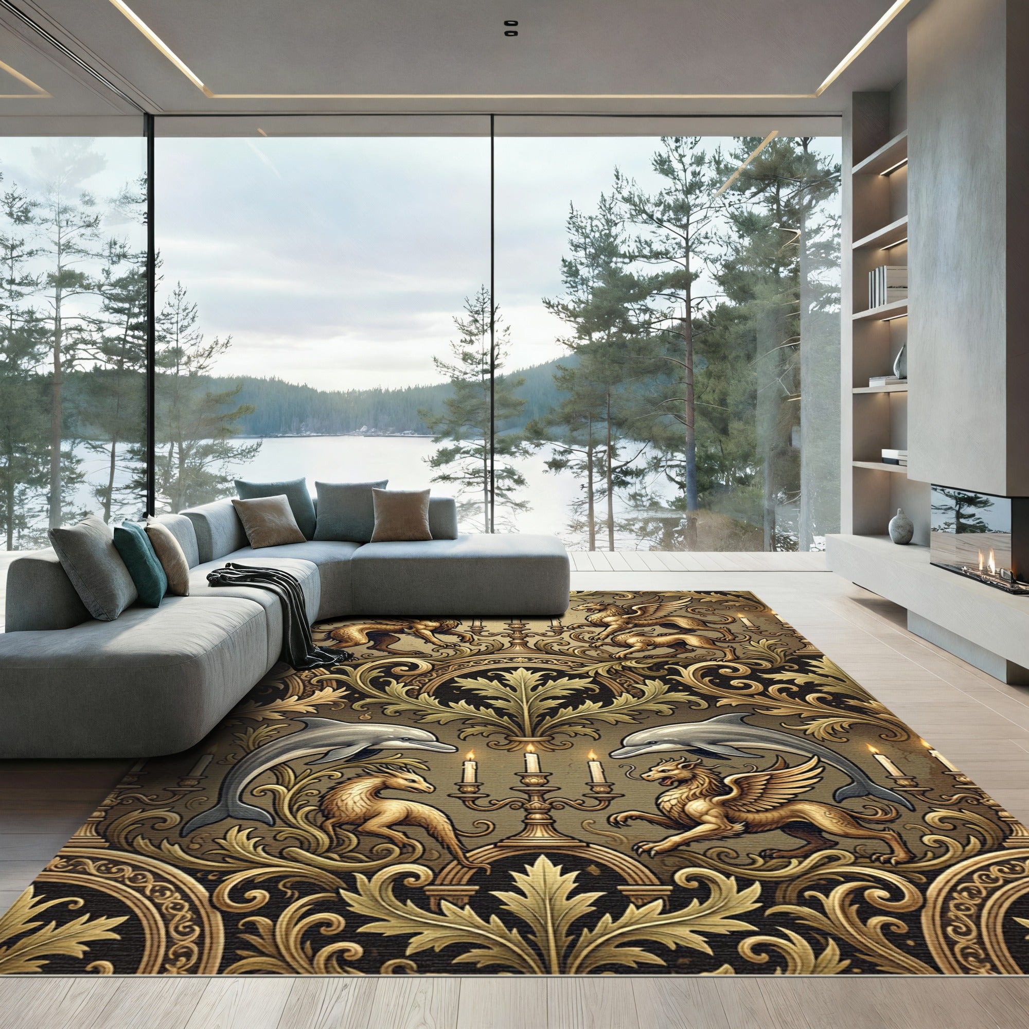 Gilded Griffin Dolphin Candlestick Tapestry Rug