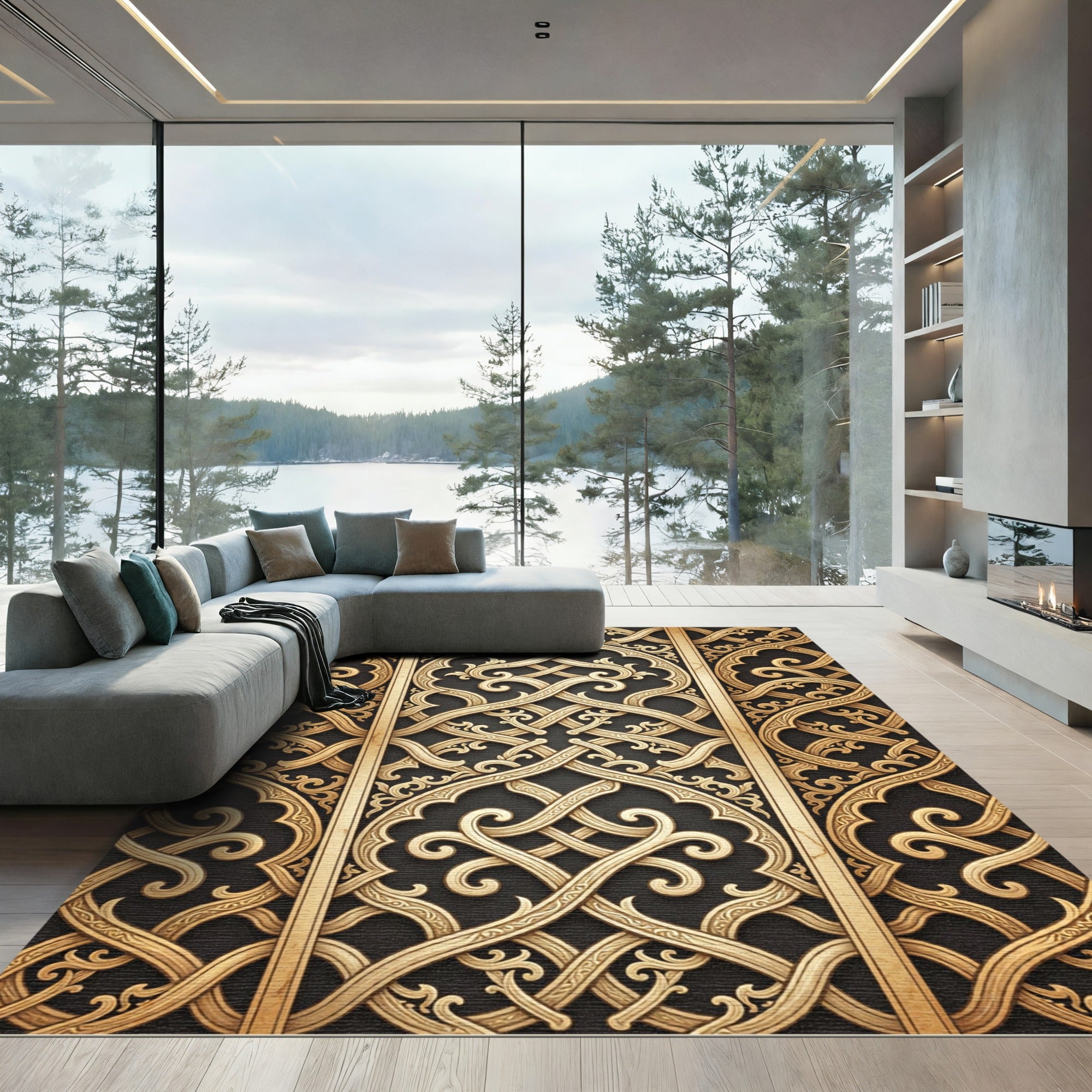 Golden Interlocking Arabesque Trellis Rug