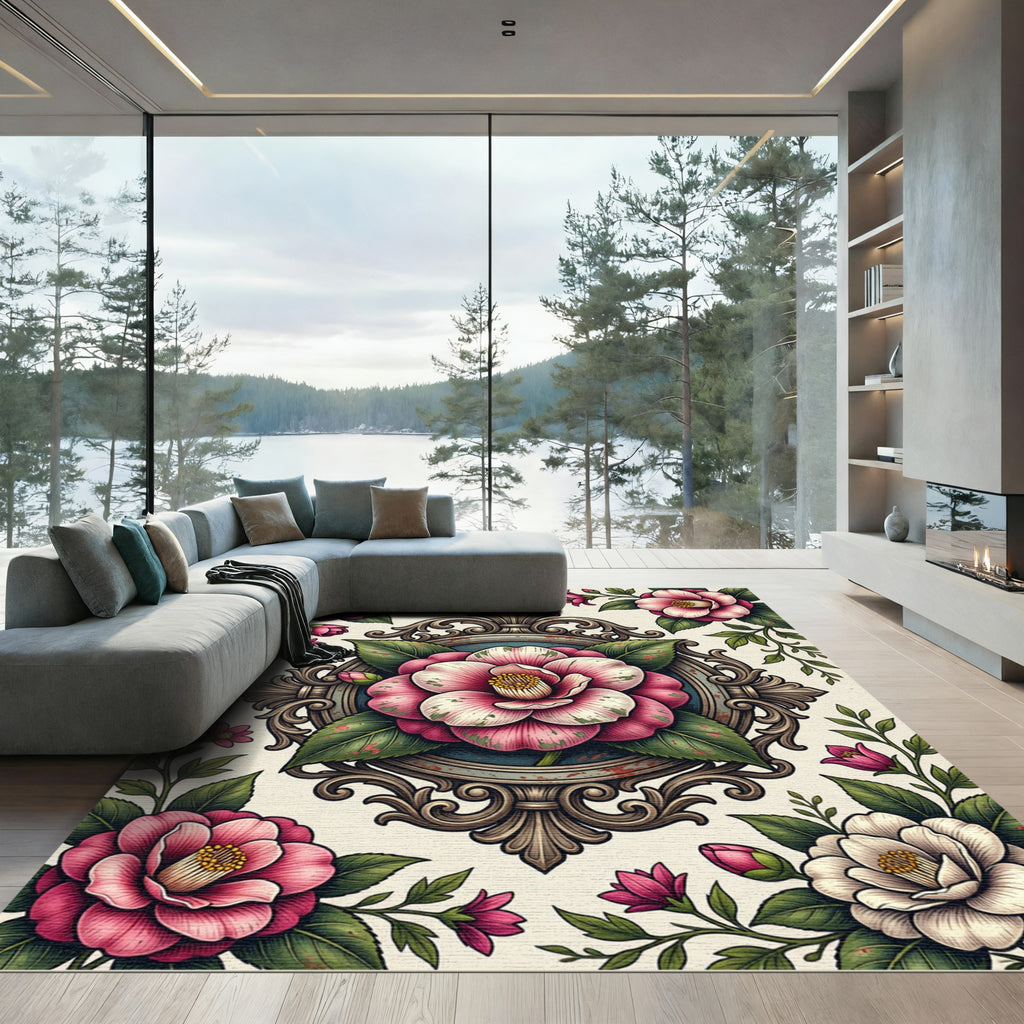 Vintage Pink Camellia Ornate Medallion Rug