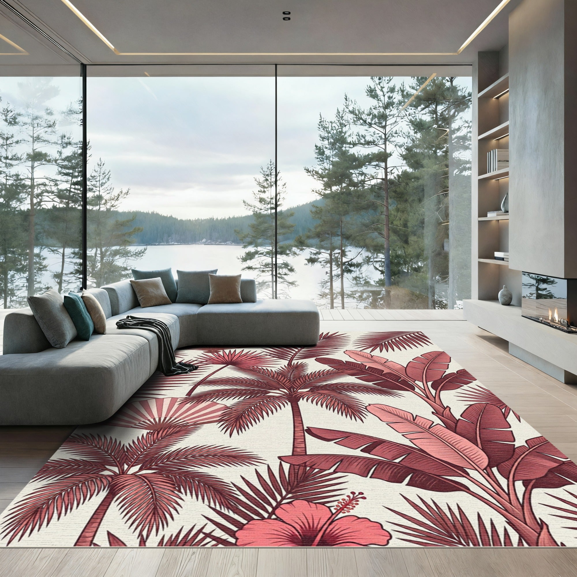 Crimson Floral Banana Leaf Fan Rug