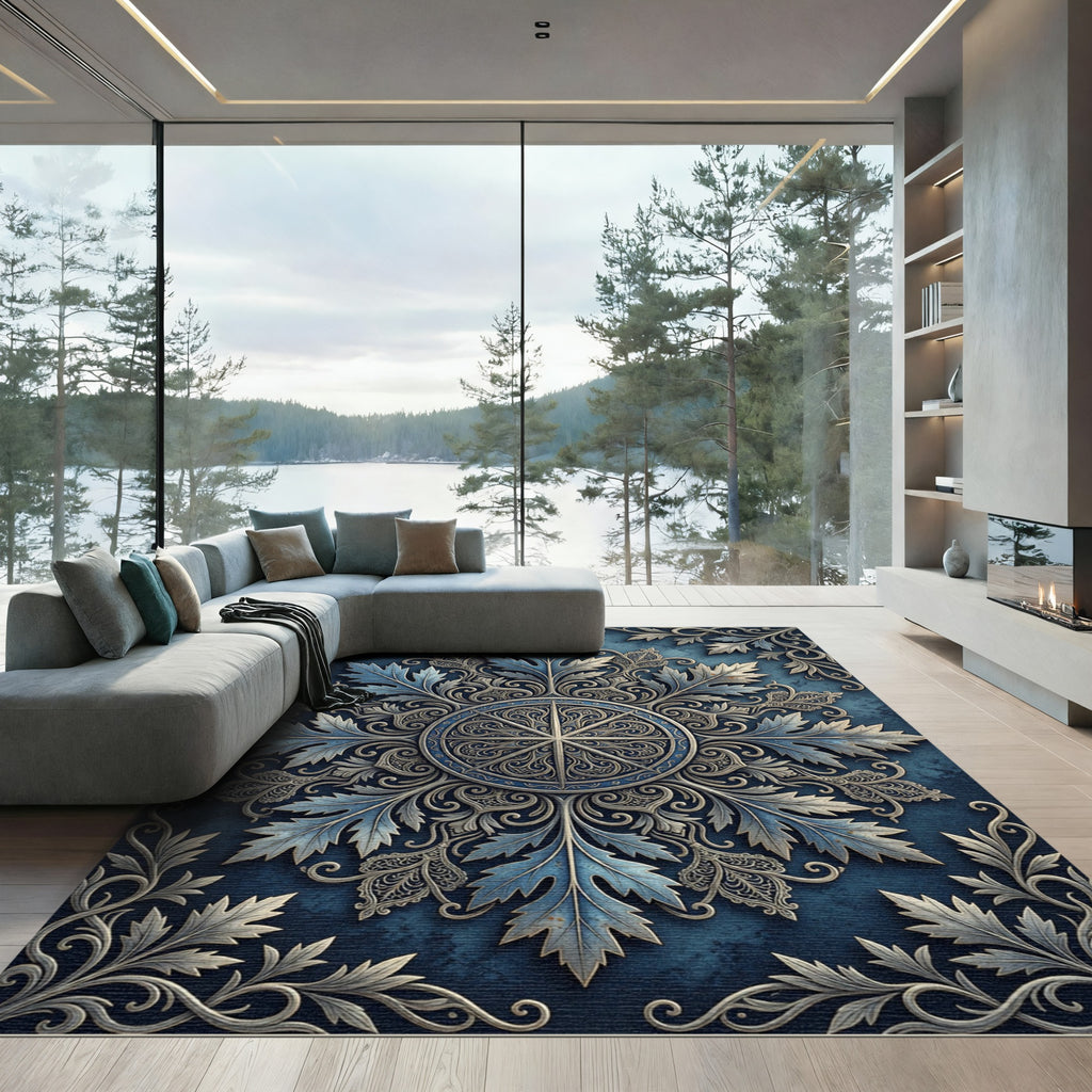 Ornate Blue Silver Botanical Mandala Rug
