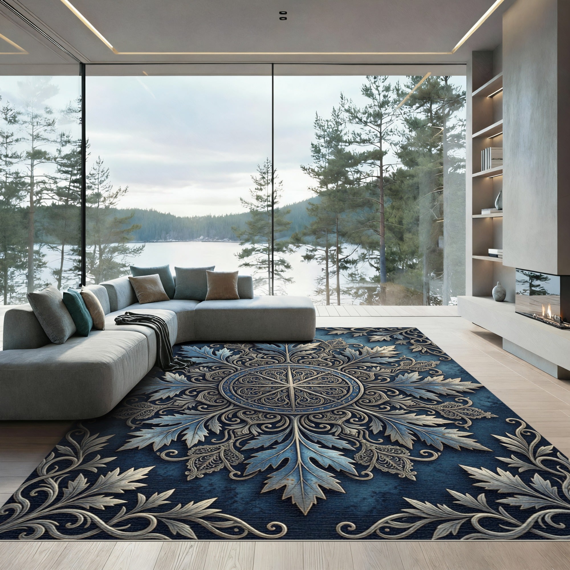Ornate Blue Silver Botanical Mandala Rug