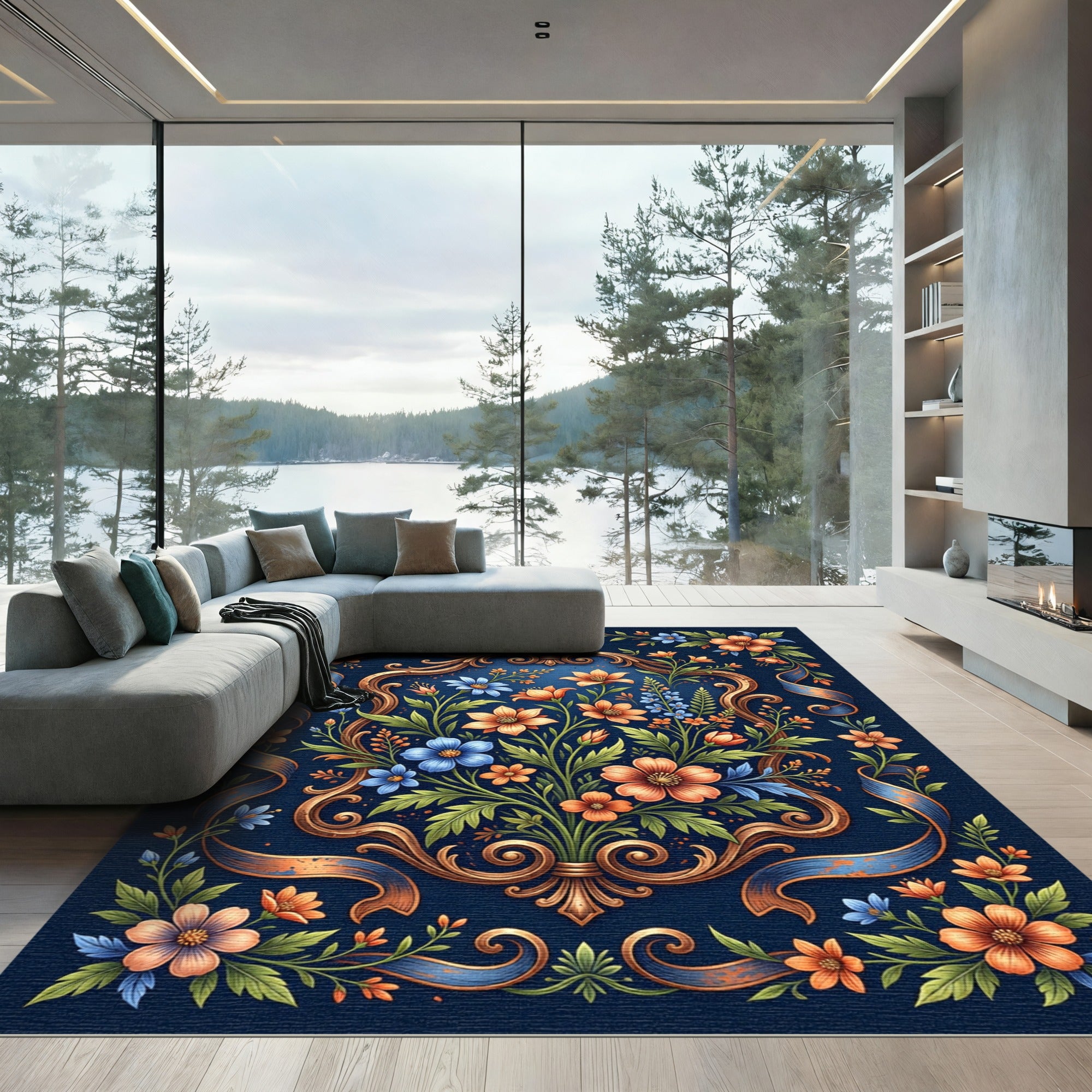Ornate Floral Medallion Blue Rug
