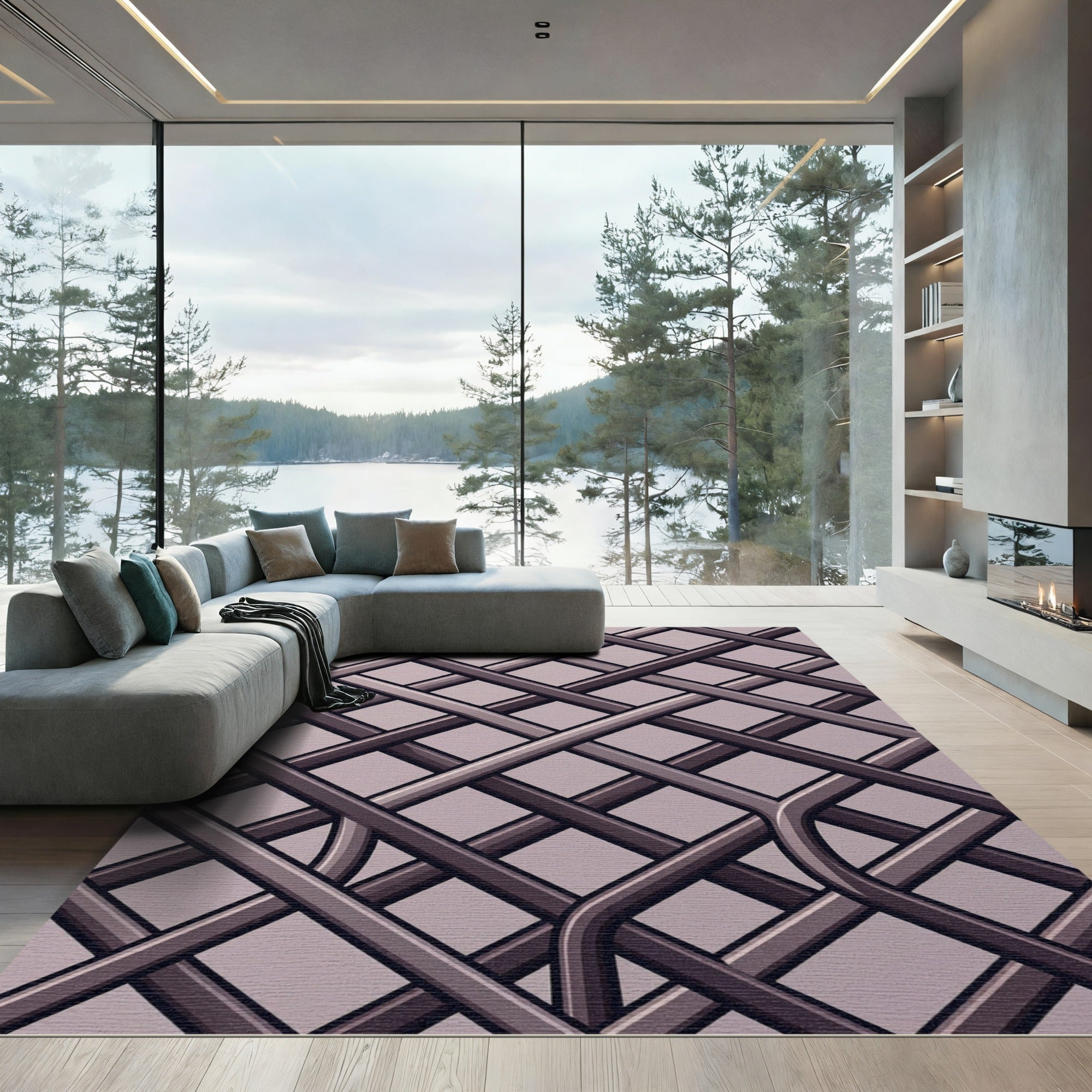 Minimalist Gray Intersecting Lattice Grid Rug