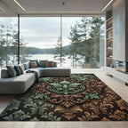 Elegant Sage Green Ornate Damask Medallion Rug