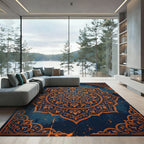 Ornate Amber Floral Medallion Navy Rug