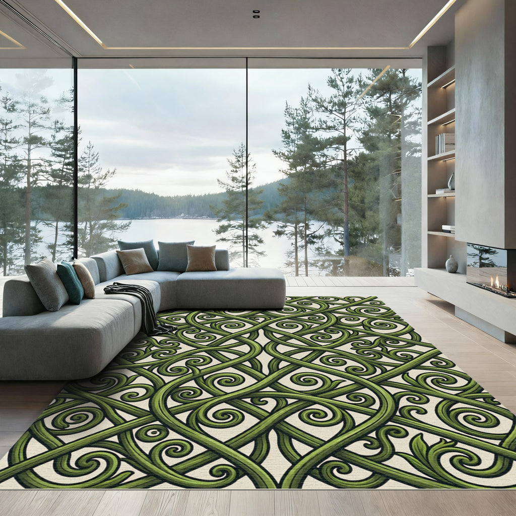 Emerald Green Intertwined Botanical Scroll Rug