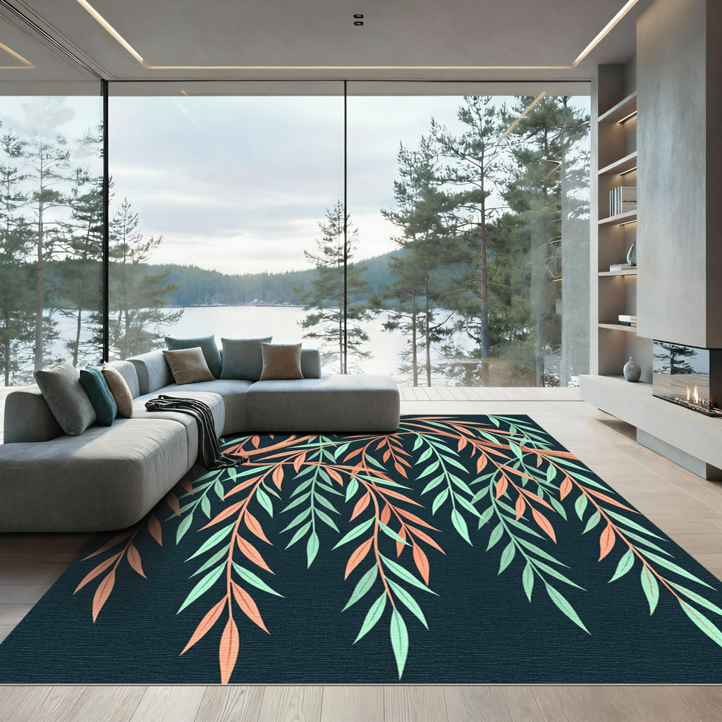 Artistic Willow Branch Peach Teal Dark Foliage Rug
