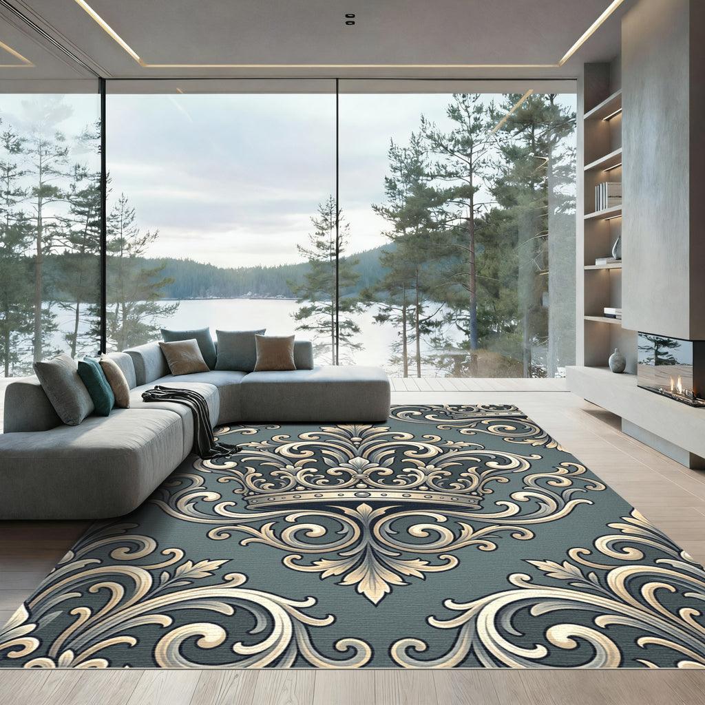 Ornate Golden Crown Baroque Scroll Rug