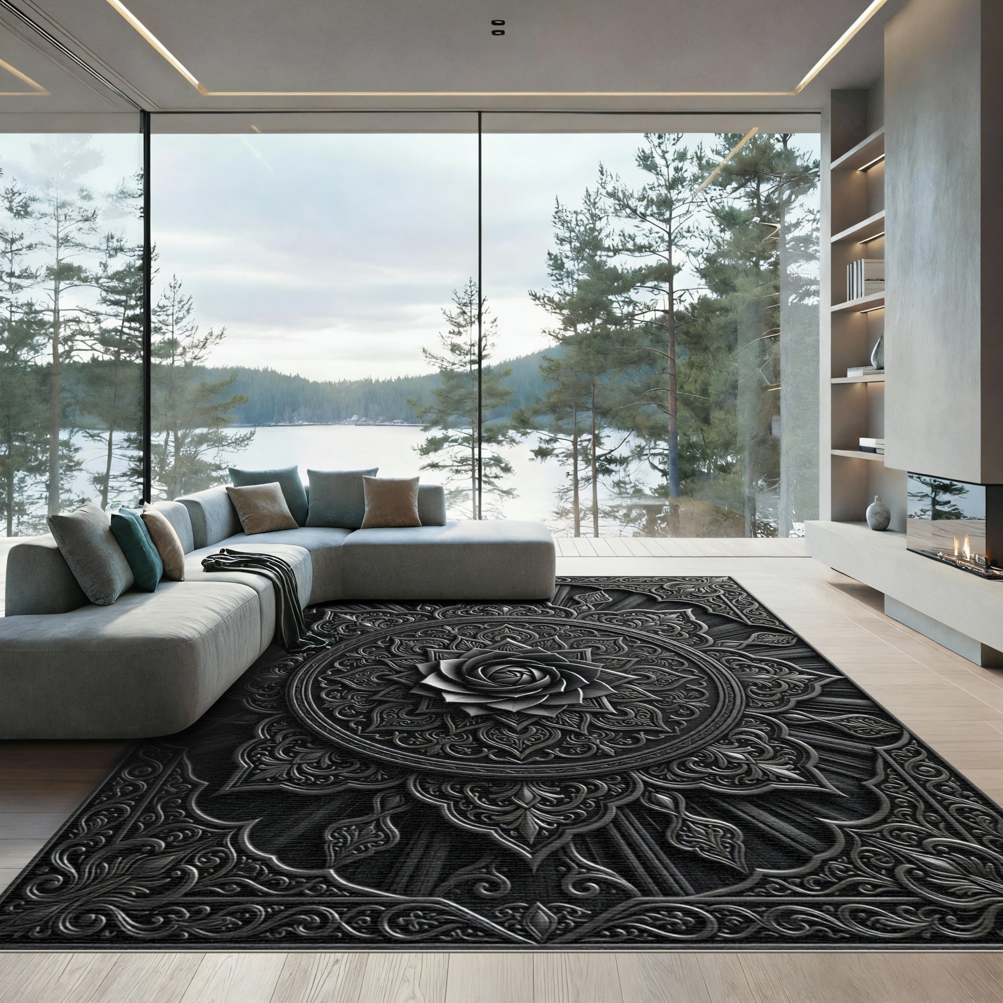 Ethereal Black Rose Mandala Rug