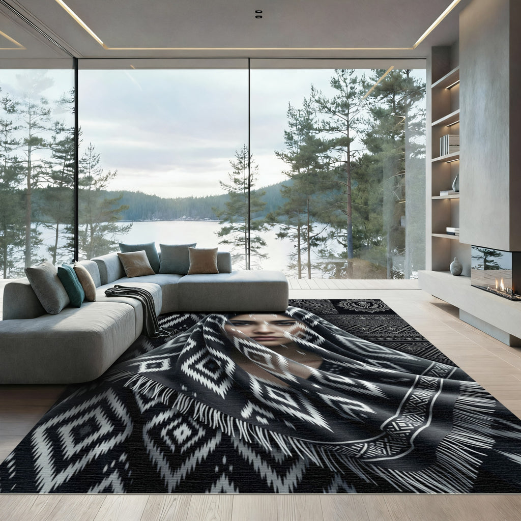 Tribal Black White Geometric Diamond Rug