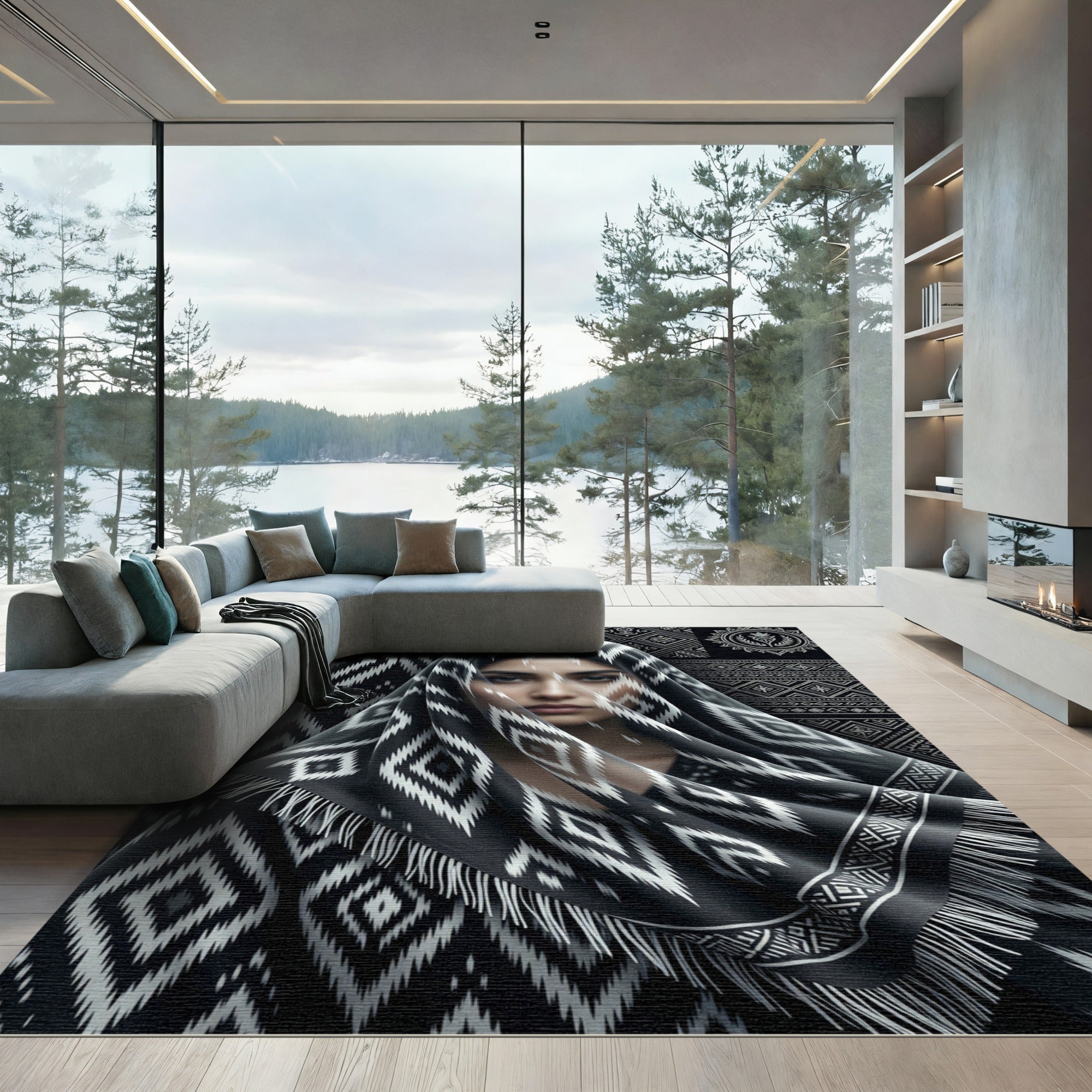 Tribal Black White Geometric Diamond Rug