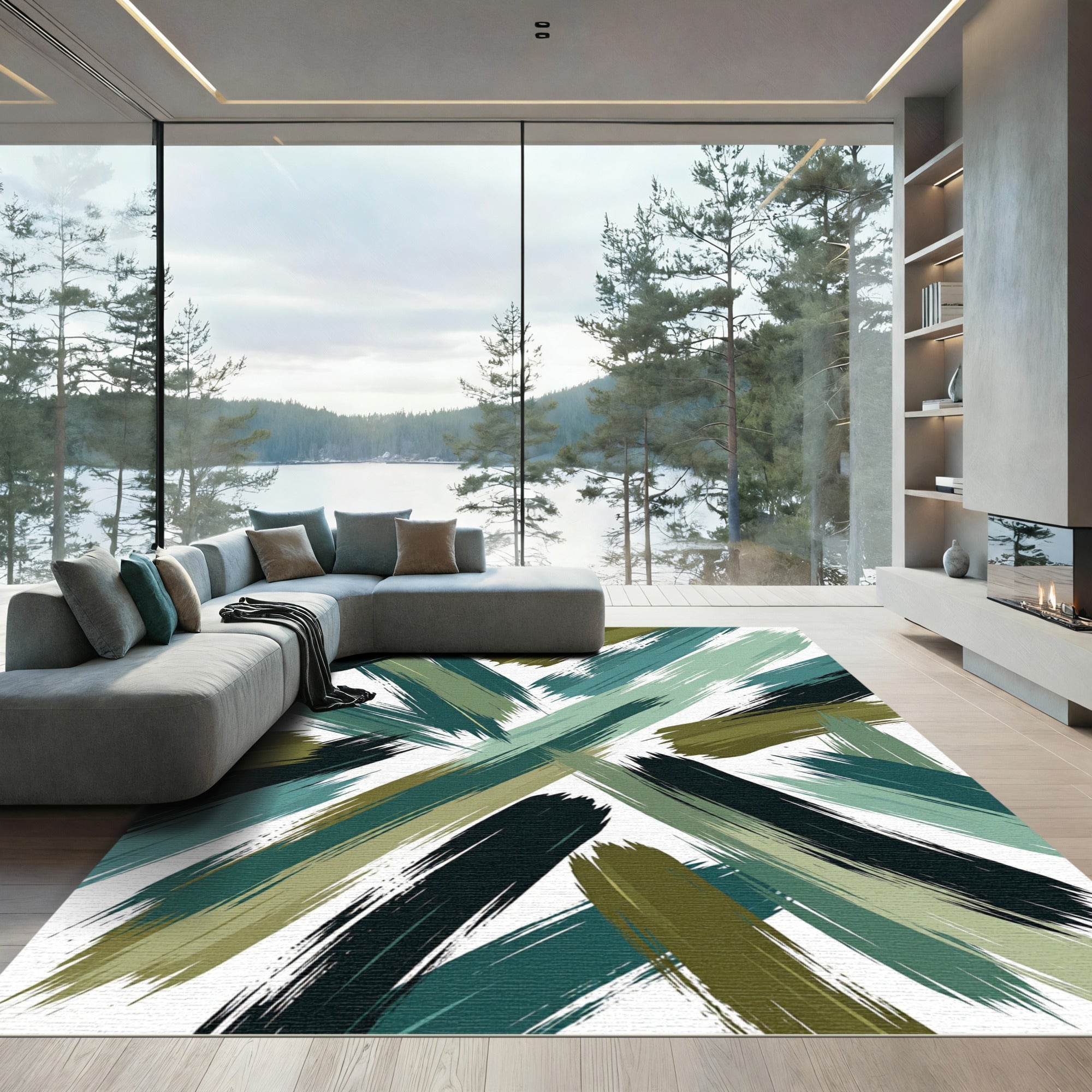 Modern Olive and Teal Abstract Brushstroke Rug
