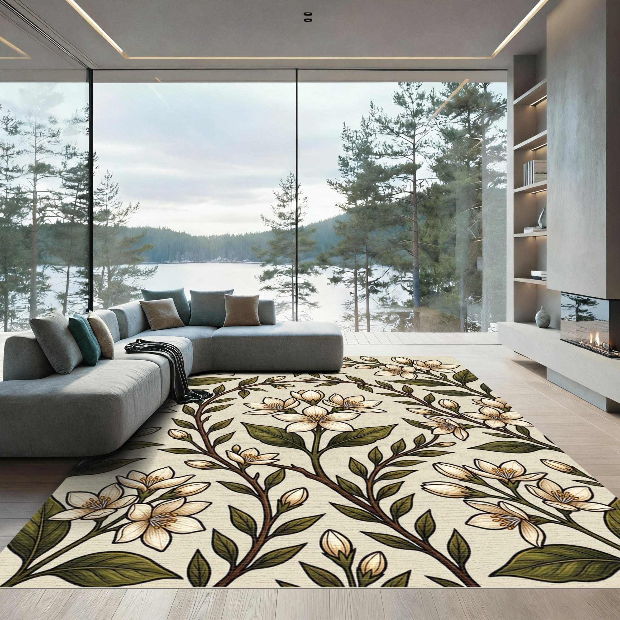Cream White Floral Botanical Branches Rug