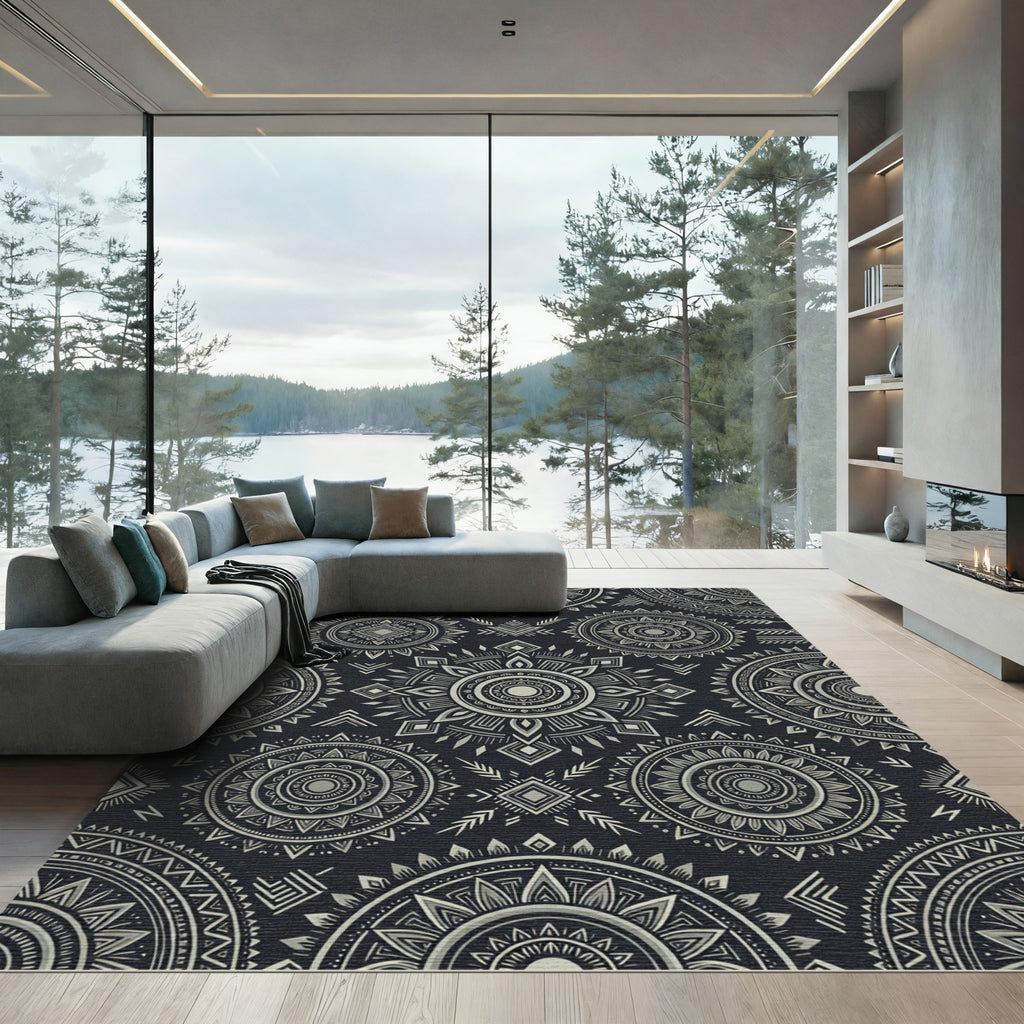 Monochromatic Dark Gray Tribal Mandala Rug
