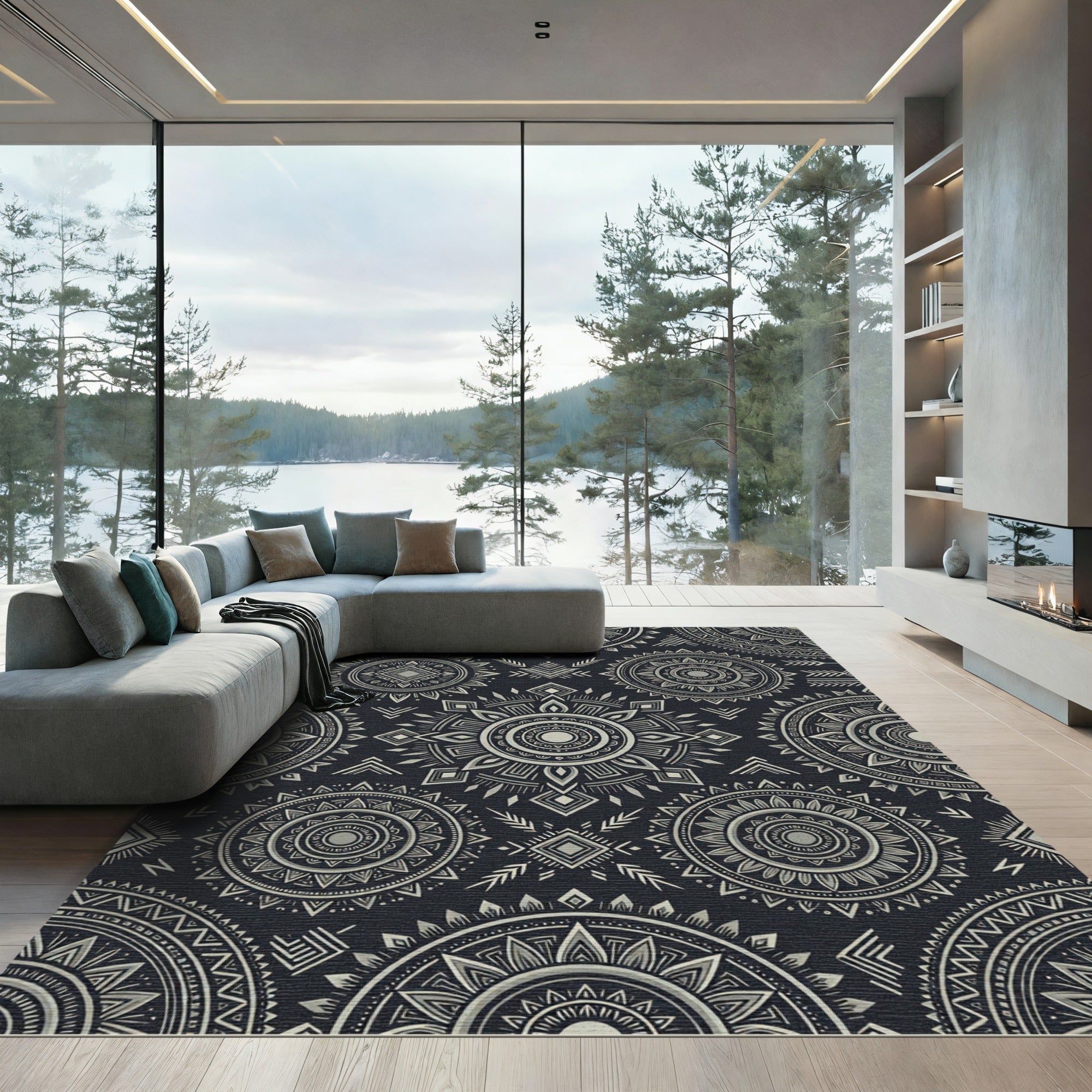 Monochromatic Dark Gray Tribal Mandala Rug