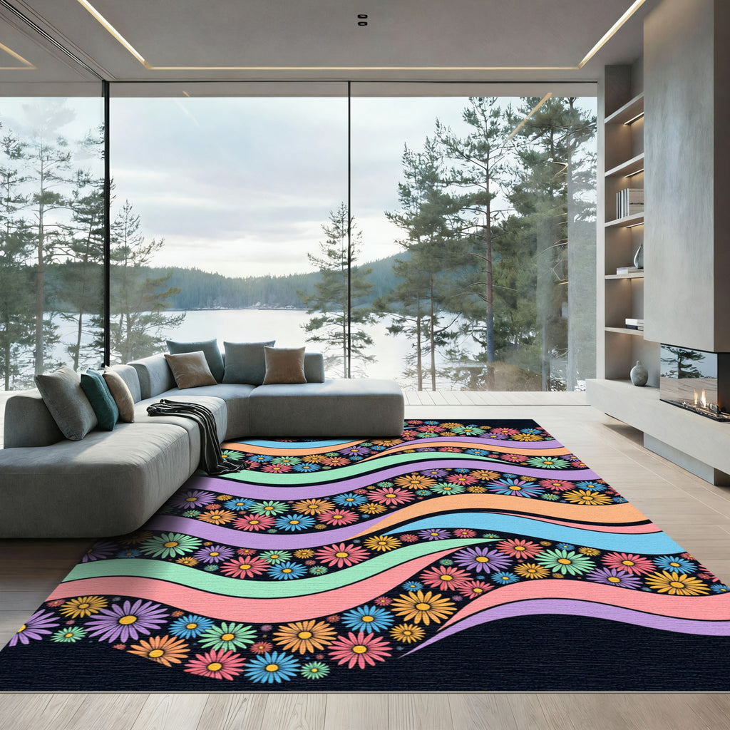 Retro Rainbow Wavy Daisy Floral Meadow Rug
