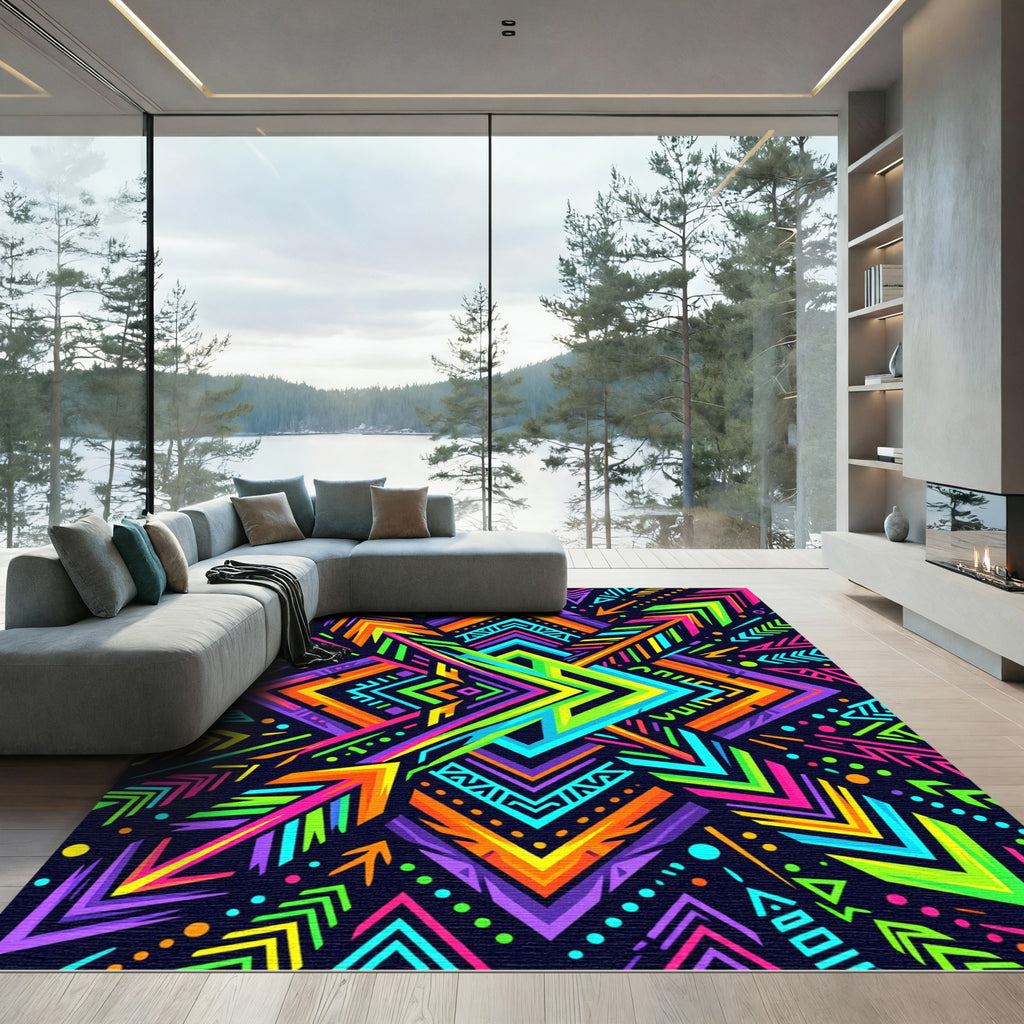 Vibrant Neon Geometric Aztec Arrow Art Rug