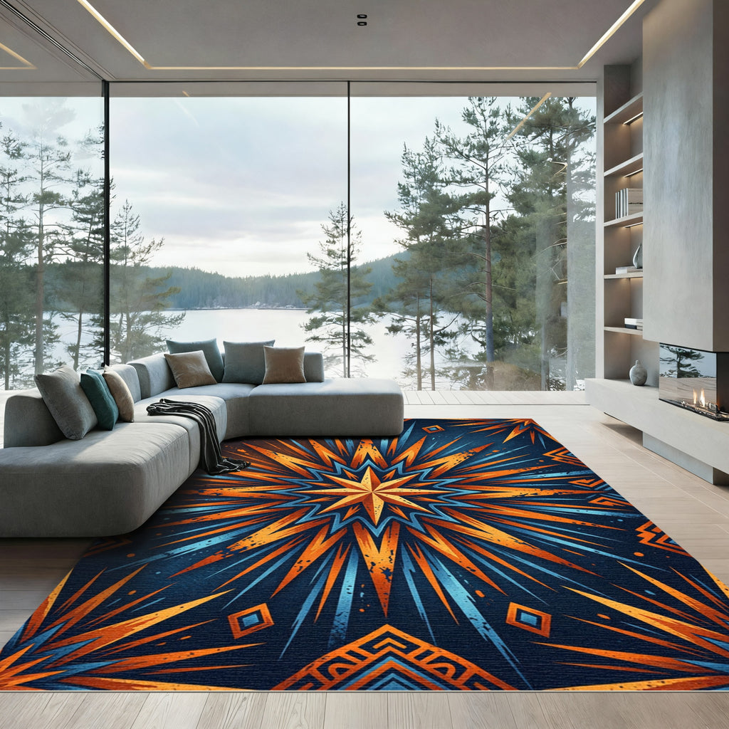 Radiant Orange Blue Burst Star Rug