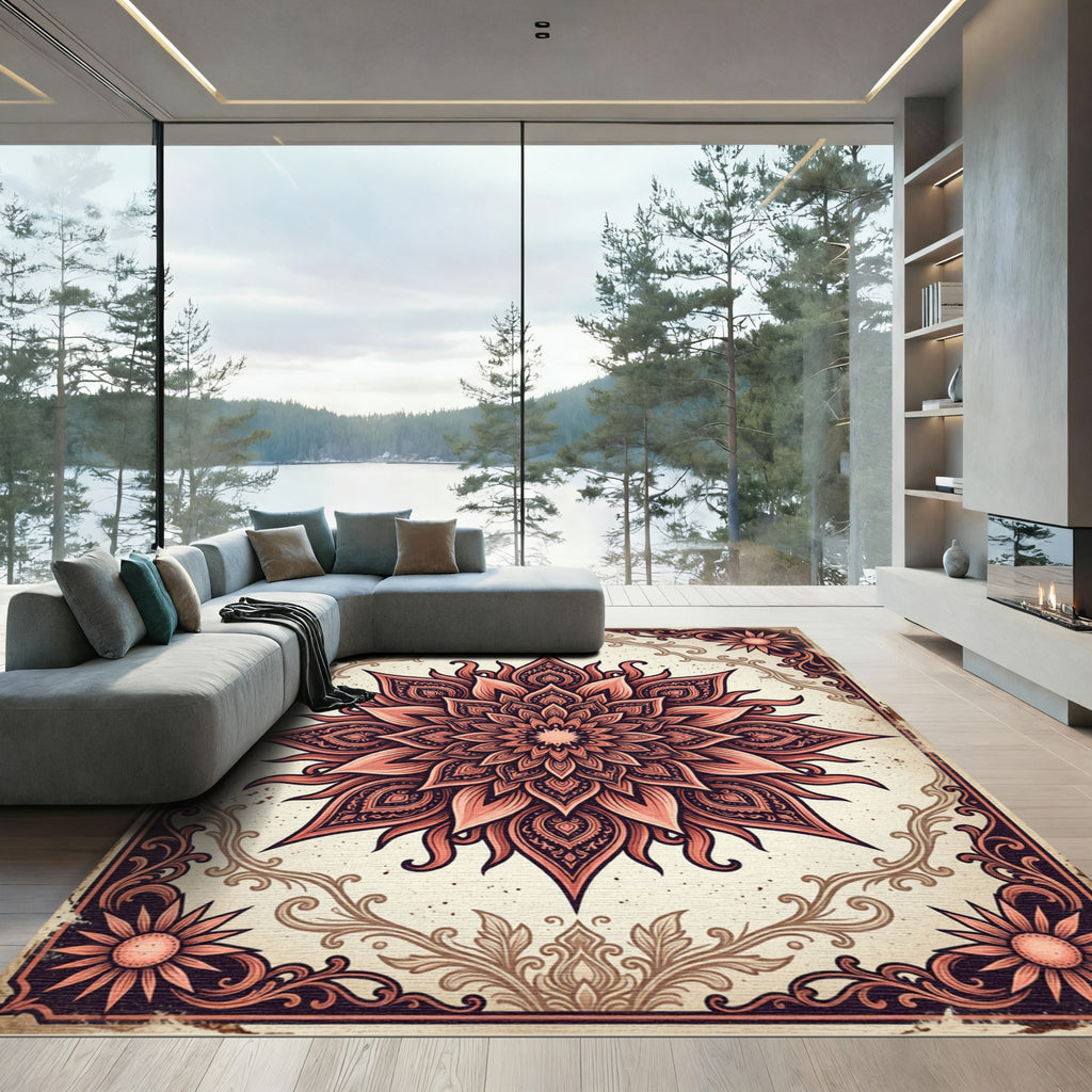 Intricate Terracotta Floral Mandala Medallion Rug